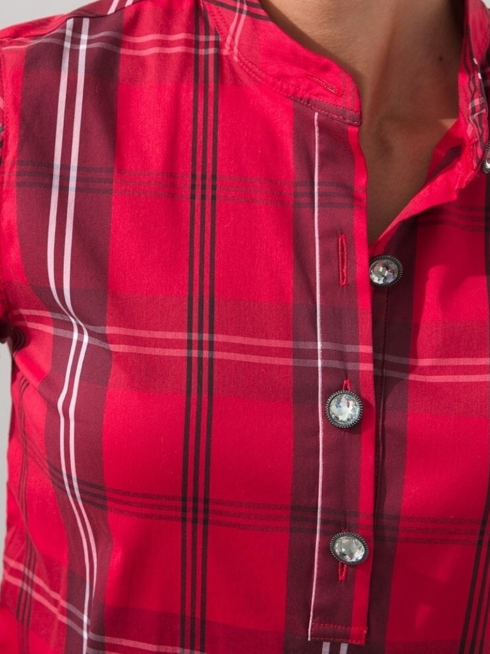 Chico's Red Plaid Crystal Bling Holiday Christmas Blouse Button Down 3 XL 16 18 - Picture 2 of 16